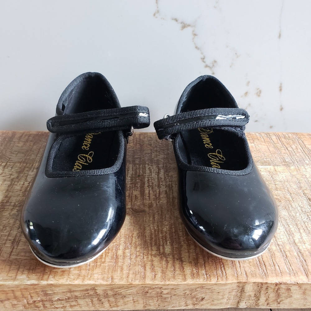 Dance Class Tap Shoes Girls US 9.5 Black Patent Leather Elastic Strap Maryjane